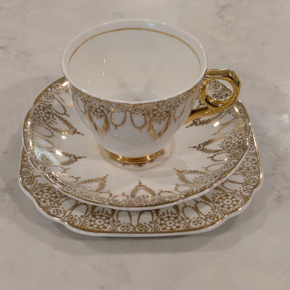 Fine Bone China Gold and White Teacup, Saucer,. Cake  Plate Set Of 3 Made In Eng